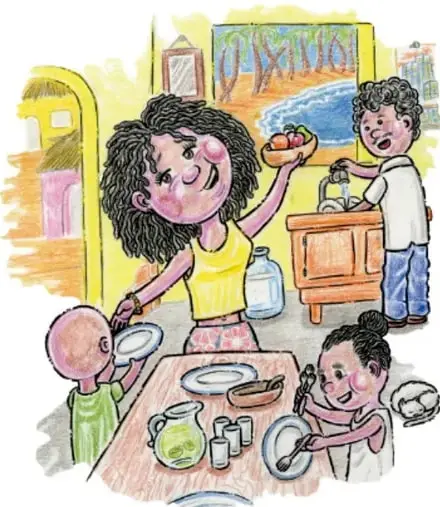 Dibujo de un abuelo y una abuela cosiendo en una máquina de costura una colcha con las palabras Obligaciones, Comunidad, Derechos y Familia; sus cuerpos terminan en raíces de árbol, símbolo de arraigo. Ilustración de César Gustavo Ramírez Jiménez, Ciudad de México.