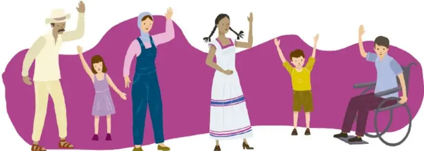 Grupo diverso de personas (diferentes edades, oficios y una persona en silla de ruedas) sobre un fondo morado, con los brazos levantados, representando la diversidad y la equidad.