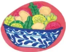 Ilustración de un plato lleno de verduras, con la leyenda 'A mi compañera y a mí nos gustan las verduras.'