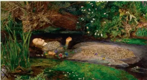 Pintura de Millais: Ofelia flota entre vegetación en un arroyo, con flores, tras su suicidio.
