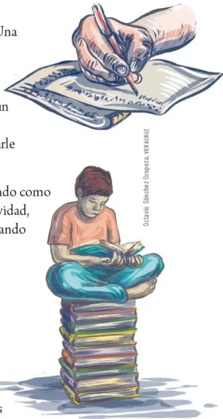 Ilustración de una mano escribiendo con un lápiz rojo sobre una hoja de papel.