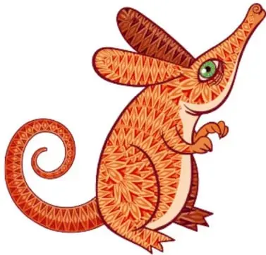 Alebrije naranja con forma de mamífero fantástico, orejas grandes y cola en espiral.