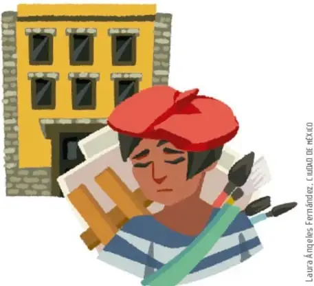 Joven pintor triste con boina roja, rayas azules y blancas, cargando lienzos, paleta y pinceles, frente a un edificio amarillo con ventanas oscuras.