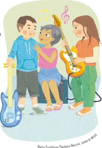 Tres jóvenes con instrumentos musicales (guitarras eléctricas, bajo) formando un grupo musical.