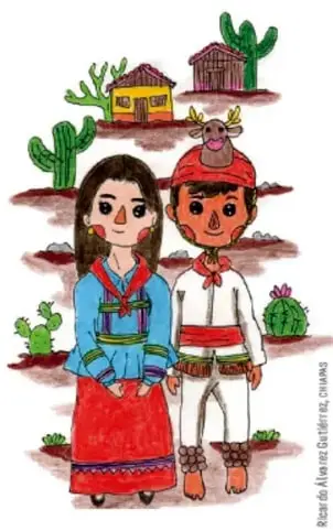 Ilustración de un niño y una niña con vestimenta tradicional mexicana, acompañados de cactus, una casa y un venado, en un paisaje árido. Crédito: Rocío Álvarez Gutiérrez, Chihuahua.