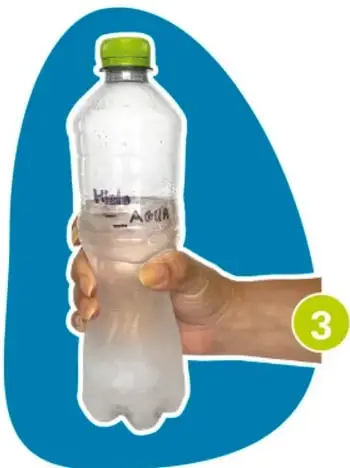 Mano apretando una botella con agua y hielo, con el número 3.