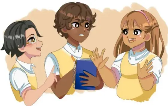 Ilustración de tres estudiantes conversando y revisando un cuaderno.
