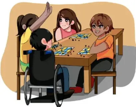 Niños y niñas jugando alrededor de una mesa; uno de ellos está en silla de ruedas y participa activamente.