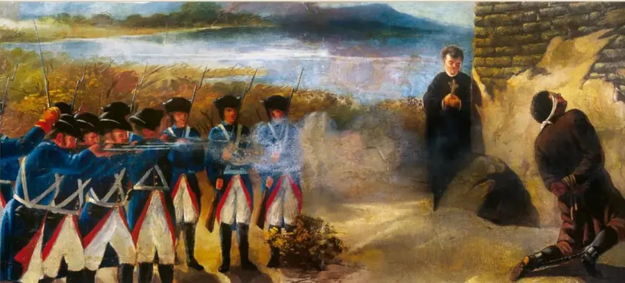 Óleo Fusilamiento de Morelos (1910) de José Díaz del Castillo: pelotón de soldados realistas disparando, sacerdote con cruz al centro y Morelos de rodillas, atado y vendado los ojos, a la derecha.