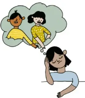 Ilustración de una niña sentada, apoyada en la mano, con una nube de pensamiento en la que aparecen dos personas (compañeras), reflexionando.