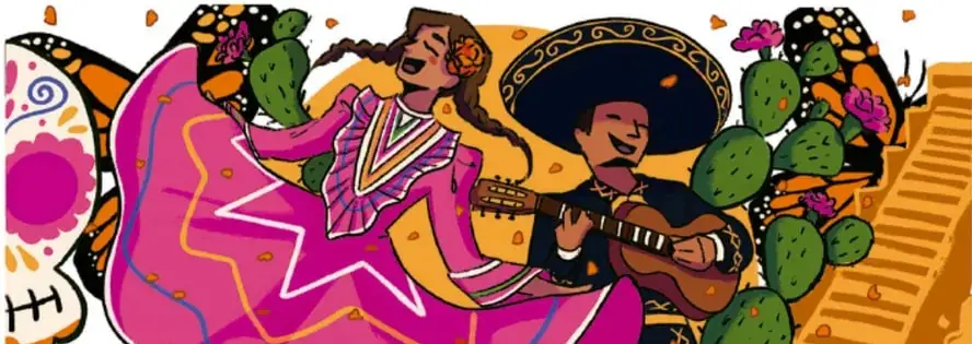 Ilustración de Paloma Sirani Zataray Mora (Michoacán): mujer bailando con vestido rosa, músico con sombrero y guitarra, cactáceas, calavera decorada y escalinata prehispánica.