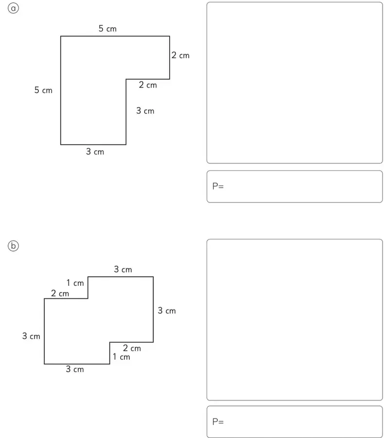 Figura en forma de L con medidas: 5 cm arriba, 2 cm derecha superior, 2 cm horizontal interior, 3 cm vertical interior, 3 cm abajo, 5 cm izquierda.