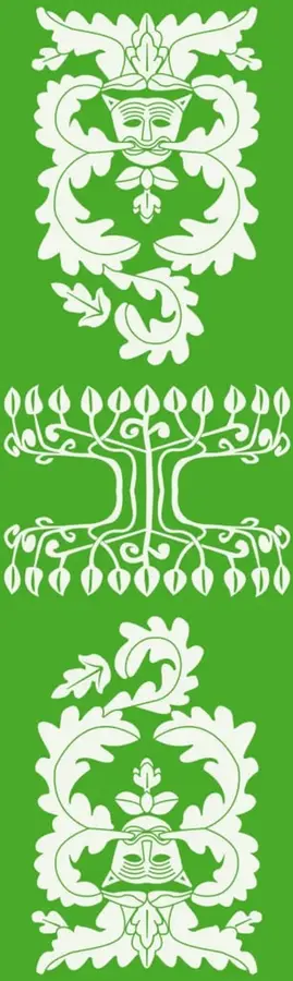 Franja verde con tres ilustraciones ornamentales en blanco: dos figuras antropomorfas con follaje y un árbol estilizado con raíces y hojas (motivos prehispánicos/mestizos).