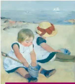 "Niños jugando en la playa", 1884: dos niños sentados en la arena junto al mar, con sombreros, jugando con agua y arena.
