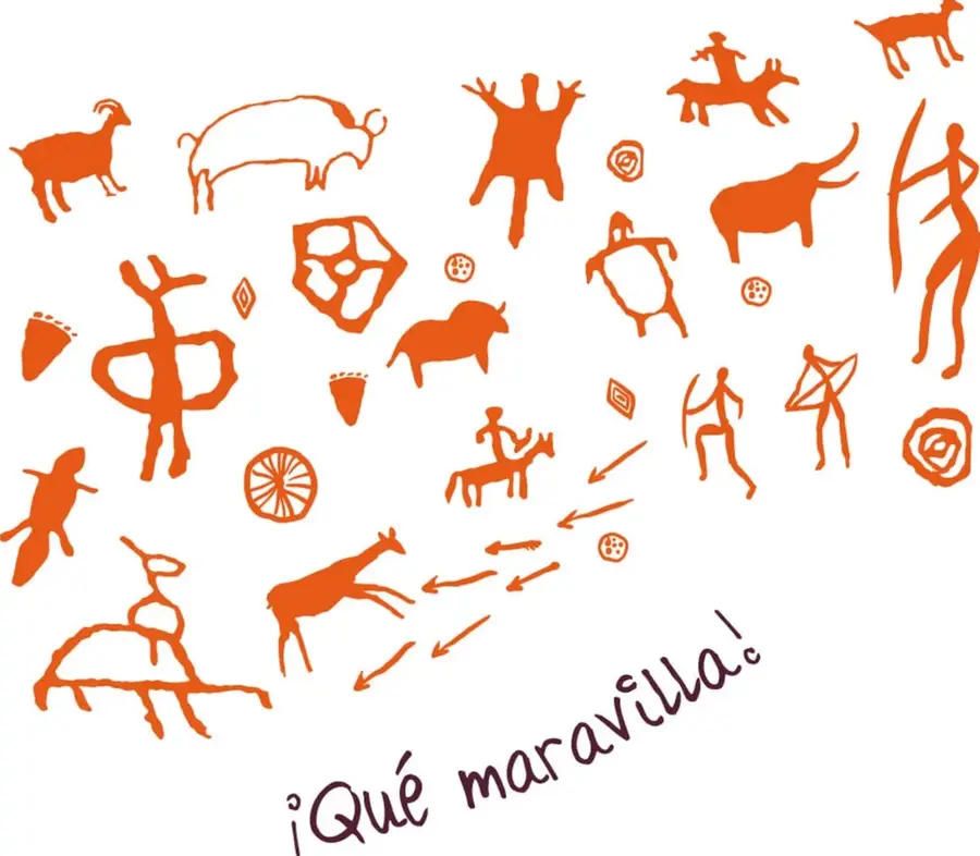 Conjunto de figuras estilo arte rupestre en color naranja: cabras, bisonte, venado, elefante, figuras humanas con arco y flecha, jinetes, espirales, círculos radiados, rombos y flechas apuntando hacia animales en movimiento.