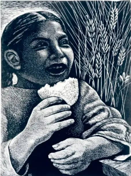 Grabado en blanco y negro de una niña de cabello trenzado que come un trozo de pan; a su lado hay espigas de trigo.