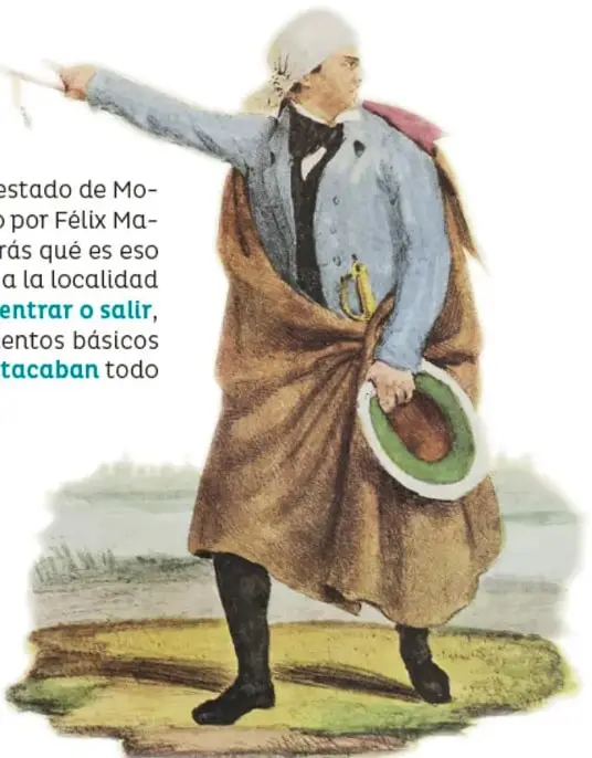 Ilustración de un militar de la época independentista con uniforme azul, capa marrón y sombrero blanco, señalando con el brazo extendido.