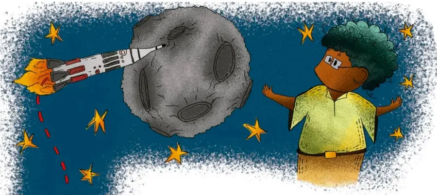 Ilustración de un cohete despegando hacia la Luna, con estrellas y una niña afrodescendiente observando la escena.