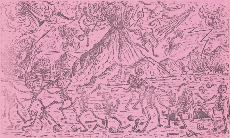 Grabado con esqueletos danzando alrededor de un volcán en erupción, con figuras religiosas y caos.