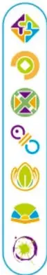 Siete iconos geométricos de colores, uno por eje articulador (inclusión, pensamiento crítico, interculturalidad crítica, igualdad de género, vida saludable, lectura y escritura, artes estéticas).