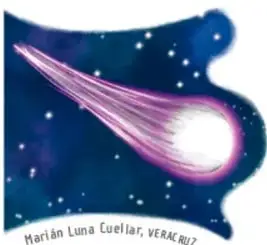 Ilustración de un cometa o estrella fugaz sobre fondo estrellado, crédito: Marián Luna Cuellar, Veracruz.