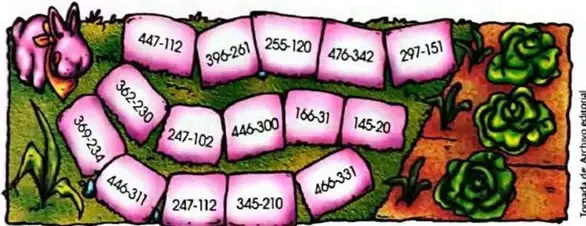 Ilustración de un conejo frente a varios caminos de piedras con operaciones de resta; al final aparecen zanahorias.