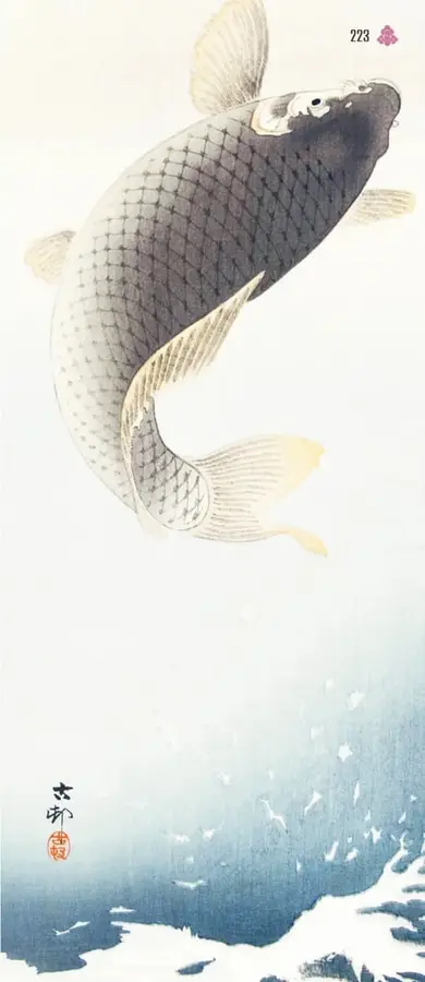 Grabado de estilo ukiyo-e: una gran carpa gris de escamas detalladas salta en diagonal sobre olas azules con espuma blanca; incluye sello rojo del artista y caligrafía japonesa. Es la obra de Ohara Koson con la carpa saltando.
