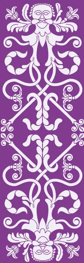 Ilustración decorativa vertical de estilo tradicional mexicano (papel picado o bordado) en color morado con figuras simétricas de flores, aves y rostros.