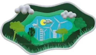 Ilustración de una ciudad verde con molinos de viento, nubes y árboles, sobre un fondo orgánico verde. Crédito: Armando Amezcua Mora, Guanajuato.
