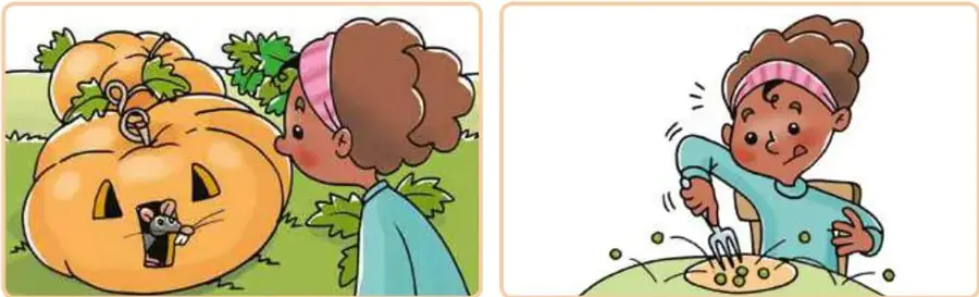 Niña mirando una calabaza grande con un ratón dentro.