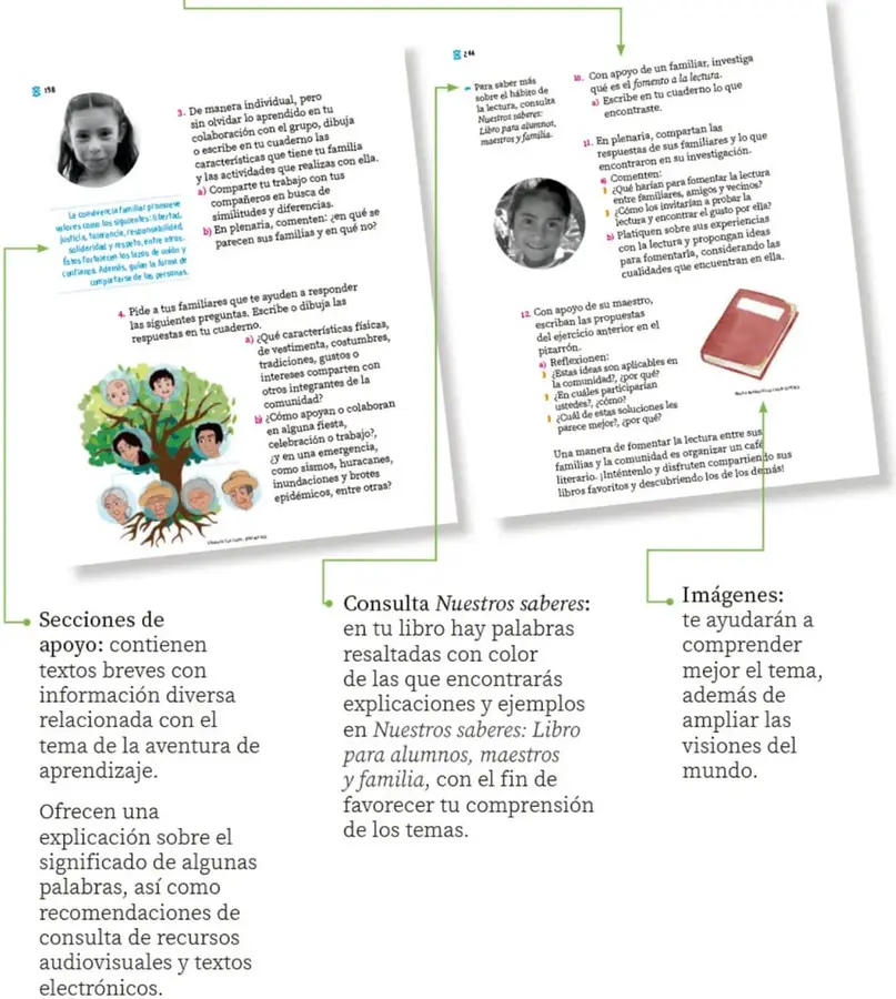 Fotografía de una niña sonriente y una ilustración de un árbol con retratos de miembros de diferentes familias en las hojas, junto a un recuadro de la Convención Familiar con valores como liderazgo literario, justicia, familia, responsabilidad, amistad y respeto.