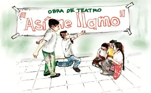 Ilustración de un grupo de estudiantes actuando una obra de teatro titulada "Así me llamo"; dos niños de pie frente a un cartel y tres compañeros sentados observando. Crédito: José Alfredo Jiménez Martínez, MICHOACÁN.