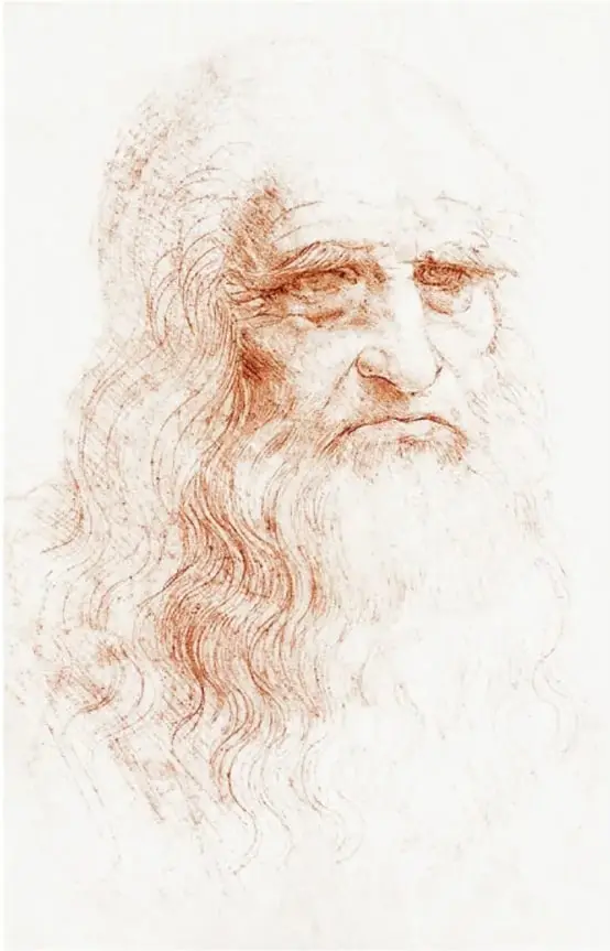 Autorretrato de Leonardo da Vinci (ca. 1512): dibujo a sanguina de un anciano de barba larga y ondulada, frente amplia y mirada profunda. Pie de foto: 'Autorretrato, ca. 1512, Leonardo da Vinci (1452-1519)'.