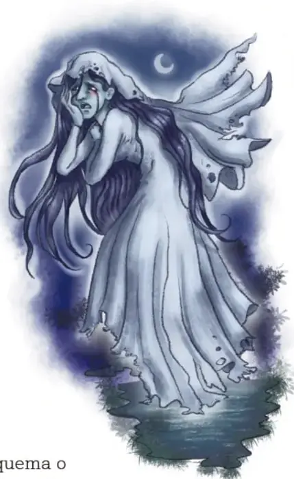 Ilustración de una mujer con vestido blanco y cabello largo, bajo la luna, con expresión de tristeza.
