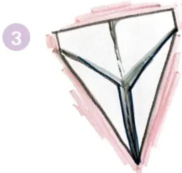 Ilustración del paso 3: figura triangular de papel doblada por la mitad con las esquinas hacia adentro.