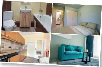 Collage de cuatro fotografías de habitaciones reales: baño, dormitorio, cocina y sala de estar.