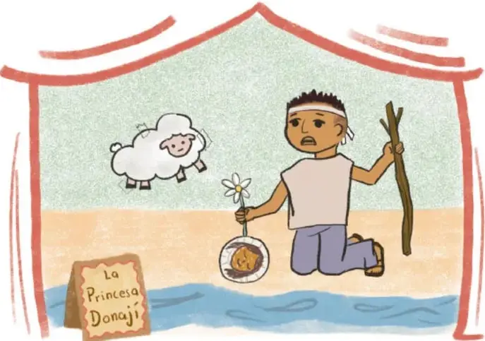Ilustración de un niño arrodillado junto a un río, con un bastón en una mano y una flor en la otra; a su lado una oveja blanca y un cartel de madera que dice «La Princesa Donají». Al pie se lee: Debbie Vieyra Laguna, BAJA CALIFORNIA.