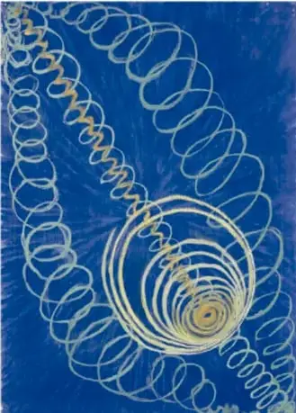 Reproducción de 'Caos primordial, núm. 16' (1920): fondo azul intenso con espirales y círculos concéntricos en blanco y amarillo que sugieren un movimiento cósmico.