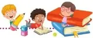 Ilustración de estudiantes realizando actividades de escritura con libros y materiales escolares.