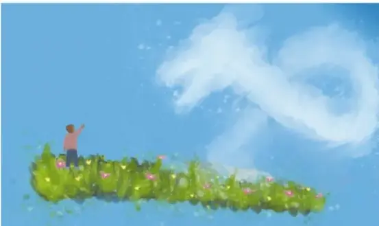 Ilustración de un niño parado sobre un montículo verde con flores, con los brazos levantados, contemplando un cielo azul con nubes blancas en forma de letra. Crédito: Germán Eduardo Colotic Sánchez Torres, Ciudad de México.