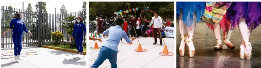 Tres fotografías: personas practicando saltos con cuerda y juegos con aros y conos al aire libre, y pies de bailarines de ballet con zapatillas de punta sobre un escenario de madera.
