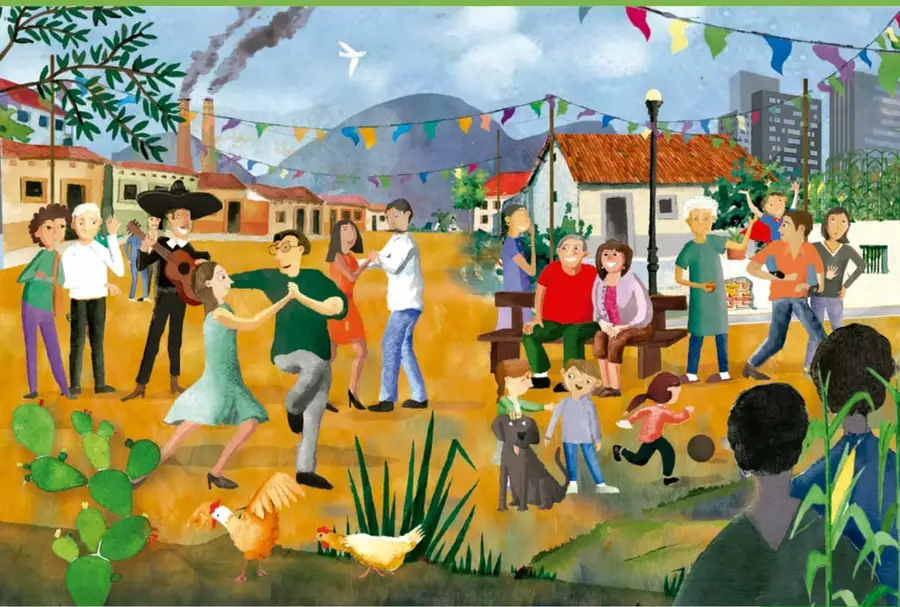 Ilustración de una fiesta o kermés comunitaria en un barrio: parejas bailando, un músico con guitarra y sombrero, personas conversando en bancas, niños jugando con un perro, gallinas, nopales, banderines de colores, montañas y edificios de la ciudad al fondo.