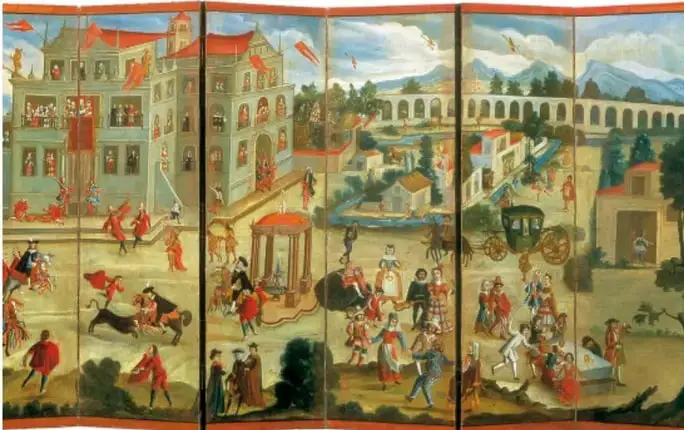 Biombo titulado 'Alegoría de la Nueva España' con escenas de la vida colonial.