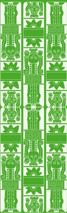 Tres columnas decorativas de estilo prehispánico en verde, con motivos de figuras antropomorfas, geométricos y florales, que representan la herencia cultural y los saberes ancestrales.
