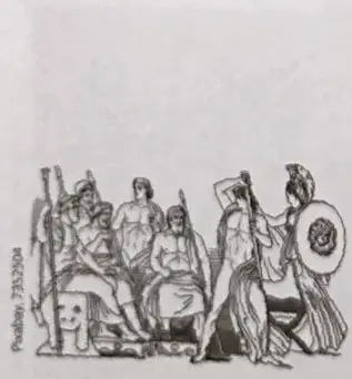 Ilustración de Aquiles junto a los dioses griegos.