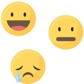 Tres caritas emoji: una feliz, una neutra y una triste, que representan reacciones emocionales.