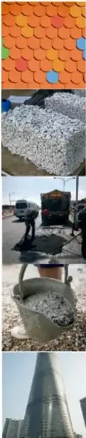 Cinco fotografías: tejas naranjas purificadoras de aire, concreto ecológico gris, pavimento frío en obra vial, cosechador de energía en el concreto y torre sustentable.