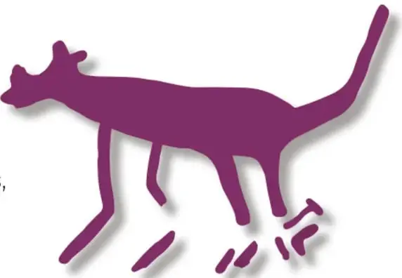 Pictograma morado de un animal cuadrúpedo de cola larga (quizá un venado o felino) en estilo rupestre, con pequeños trazos sueltos debajo.
