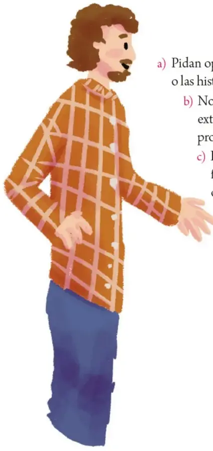 Ilustración de un adulto con camisa a cuadros naranja que extiende la mano hacia una niña.