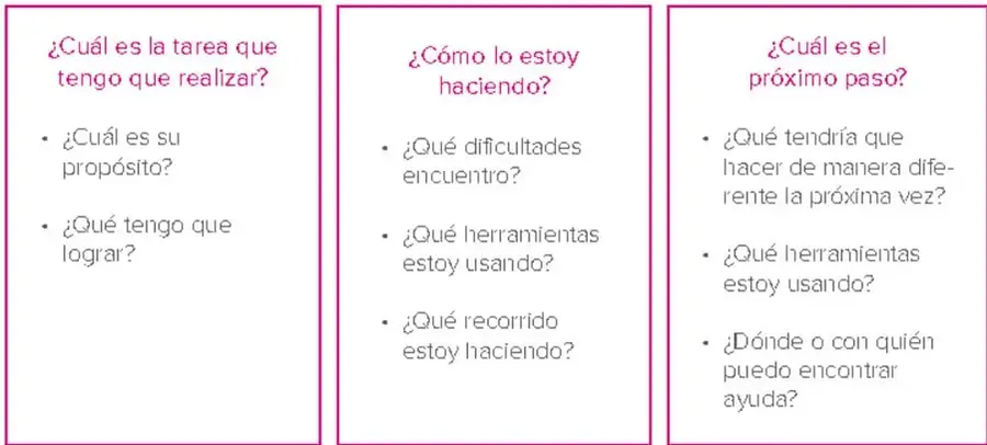 Tres recuadros rosados con las tres interrogantes de Anijovich y Cappelletti (2017) y sus subpreguntas en viñetas.